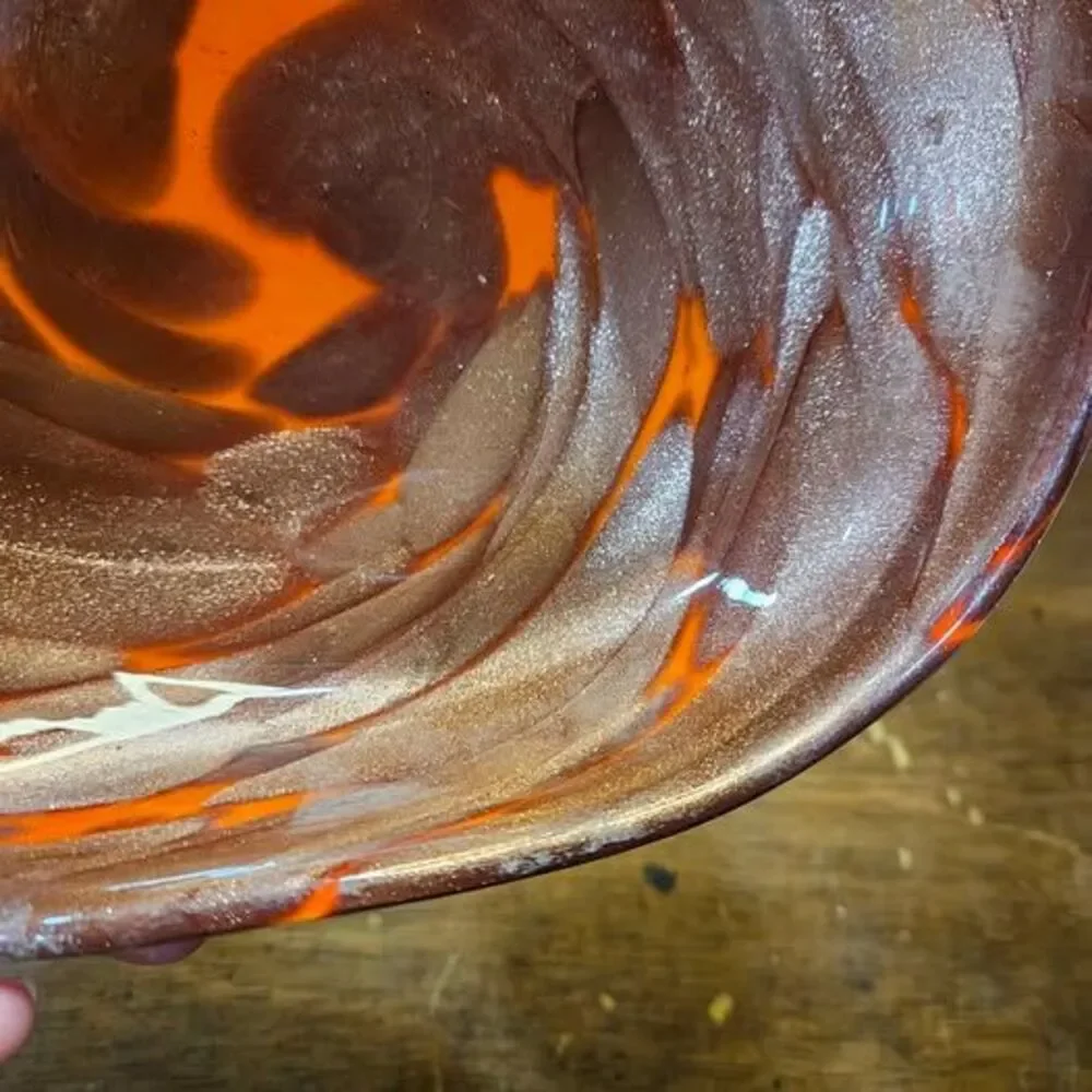 Art Glass Bowl Orange Brown White Swirl Design